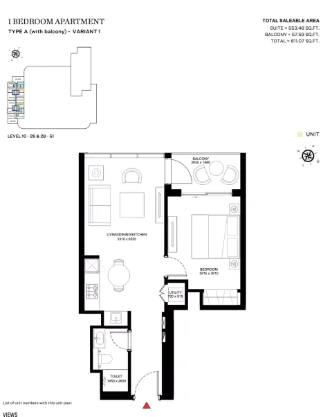 Floor plan, 1 Bed, 611 sq ft
