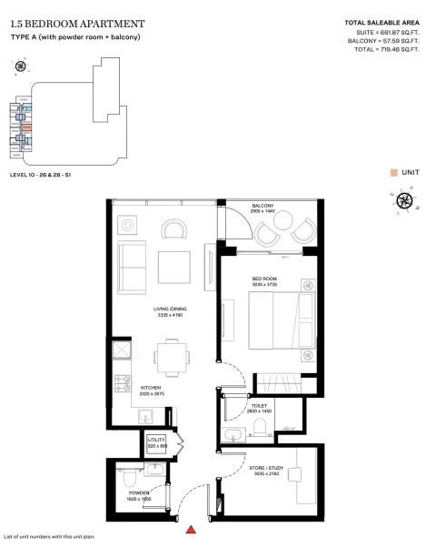 Floor plan, 2 Beds, 719 sq ft