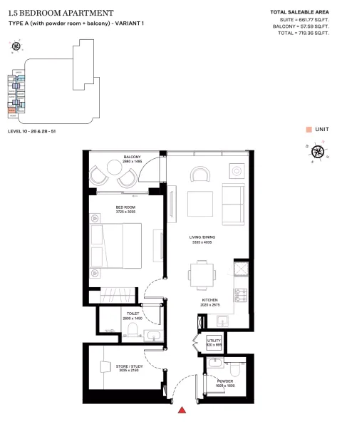 Floor plan, 2 Beds, 719 sq ft
