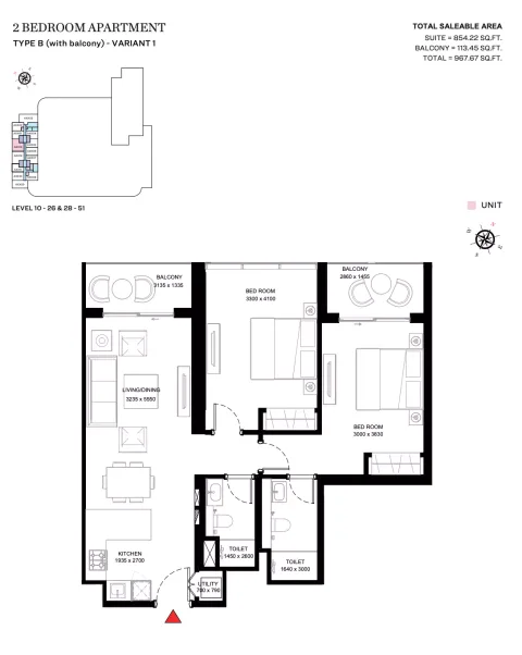 Floor plan, 2 Beds, 967 sq ft