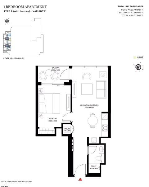Floor plan, 1 Bed, 611 sq ft