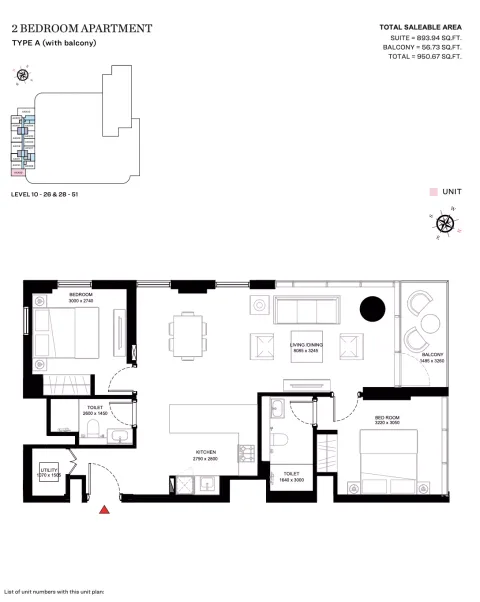 Floor plan, 2 Beds, 950 sq ft