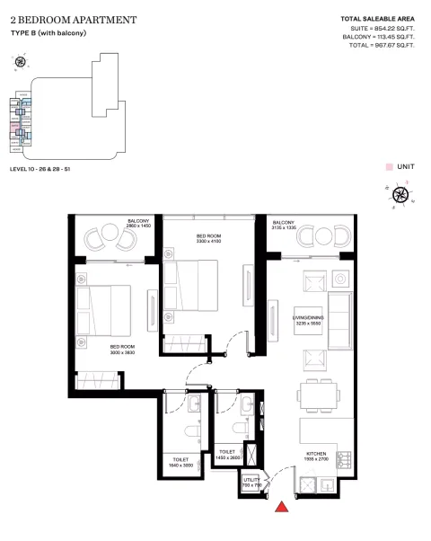 Floor plan, 2 Beds, 967 sq ft