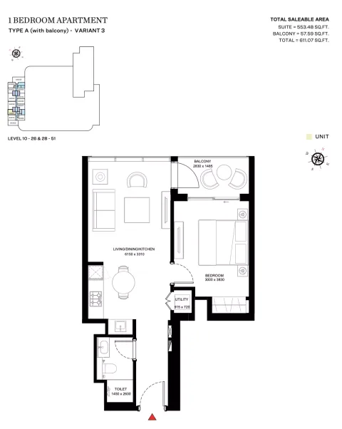 Floor plan, 1 Bed, 611 sq ft
