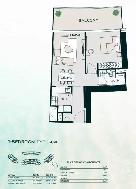 Floor plan, 1 Bed, 713 sq ft