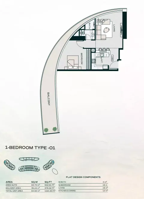 Floor plan, 1 Bed, 1,021 sq ft