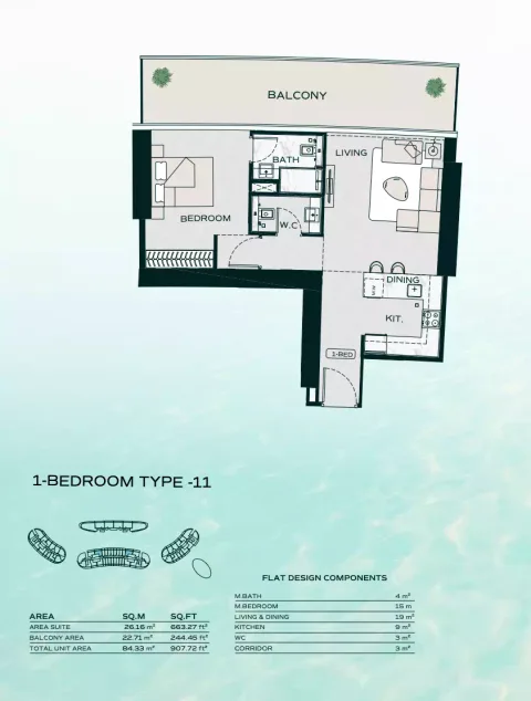 Floor plan, 1 Bed, 907 sq ft
