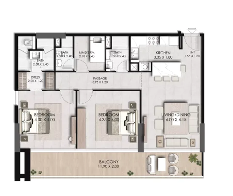 Floor plan, 2 Beds, 1,342 sq ft