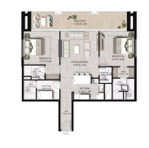 Floor plan, 2 Beds, 1,382 sq ft