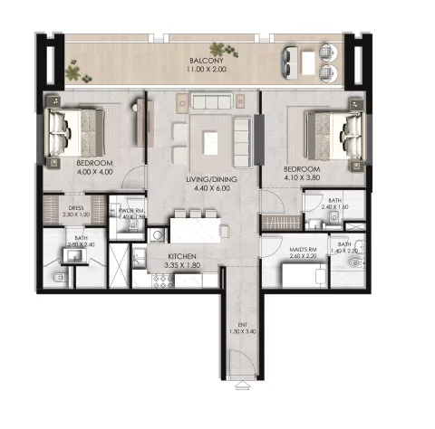 Floor plan, 2 Beds, 1,382 sq ft