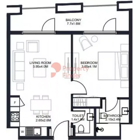 Floor plan, 1 Bed, 711 sq ft