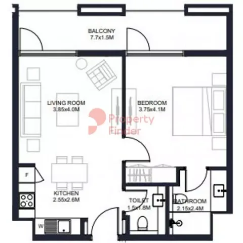 Floor plan, 1 Bed, 709 sq ft