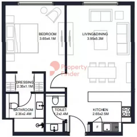 Floor plan, 1 Bed, 688 sq ft