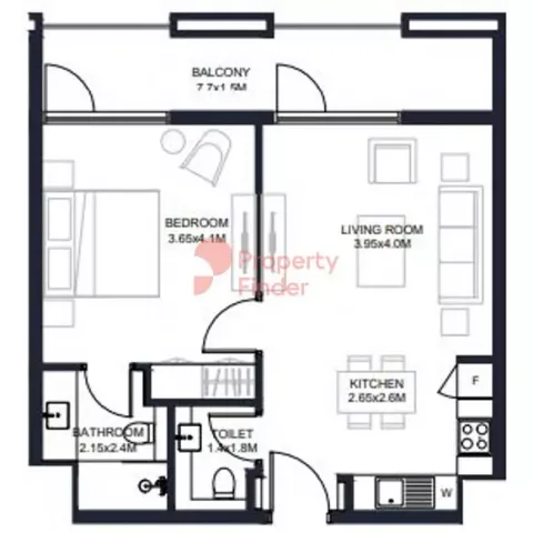 Floor plan, 1 Bed, 709 sq ft