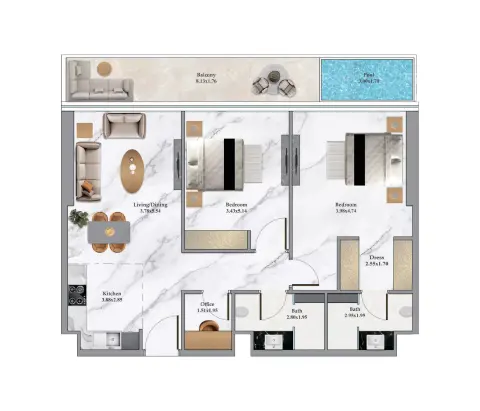 Floor plan, 2 Beds, 1,126 sq ft