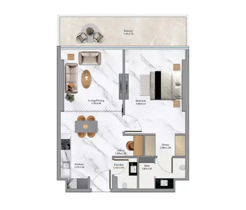 Floor plan, 1 Bed, 749 sq ft