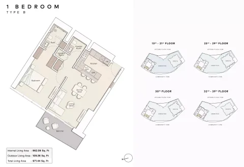 Floor plan, 1 Bed, 971 sq ft