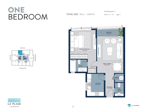 Floor plan, 1 Bed, 1,030 sq ft