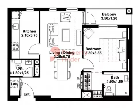 Floor plan, 1 Bed, 680 sq ft