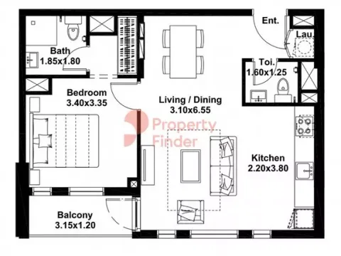 Floor plan, 1 Bed, 637 sq ft