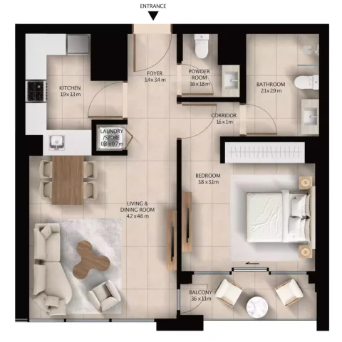 Floor plan, 1 Bed, 745 sq ft