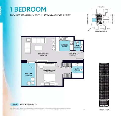 Floor plan, 1 Bed, 1,130 sq ft