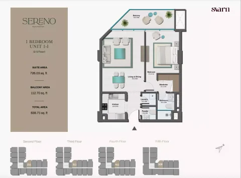 Floor plan, 1 Bed, 838 sq ft