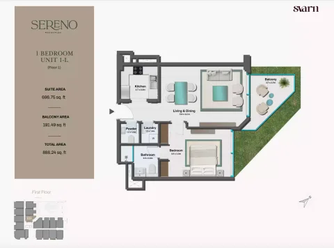 Floor plan, 1 Bed, 888 sq ft