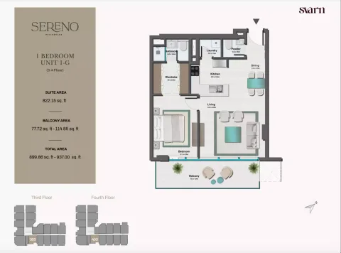 Floor plan, 1 Bed, 937 sq ft