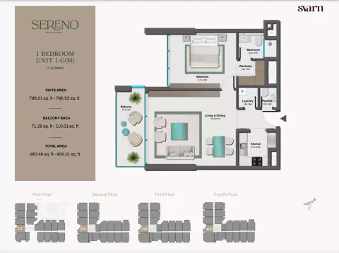 Floor plan, 1 Bed, 906 sq ft