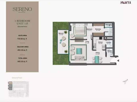 Floor plan, 1 Bed, 990 sq ft