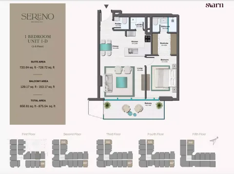 Floor plan, 1 Bed, 875 sq ft