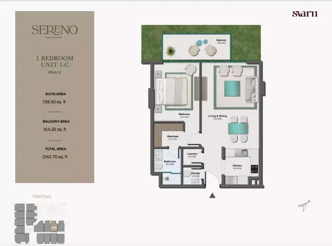 Floor plan, 1 Bed, 1,042 sq ft