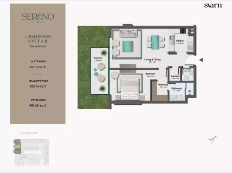 Floor plan, 1 Bed, 981 sq ft