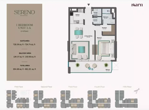 Floor plan, 1 Bed, 881 sq ft