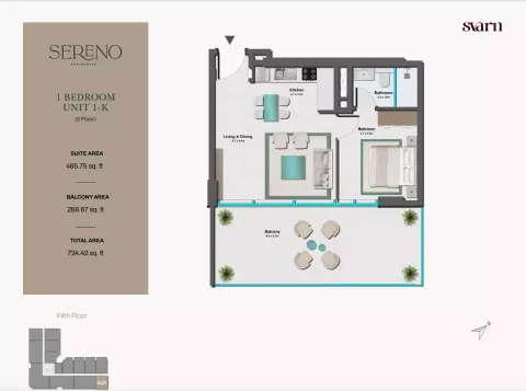 Floor plan, 1 Bed, 734 sq ft