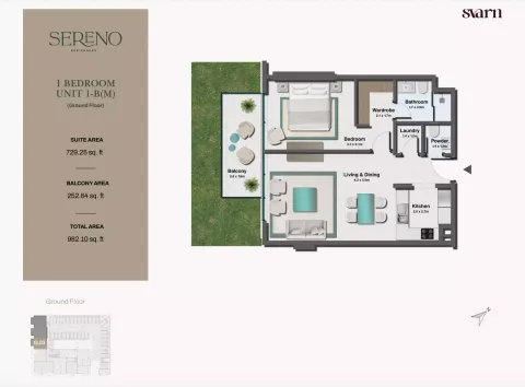 Floor plan, 1 Bed, 982 sq ft