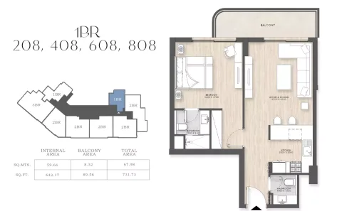 Floor plan, 1 Bed, 731 sq ft