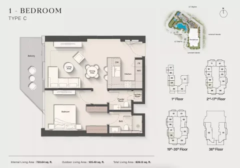 Floor plan, 1 Bed, 826 sq ft
