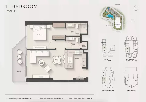 Floor plan, 1 Bed, 843 sq ft