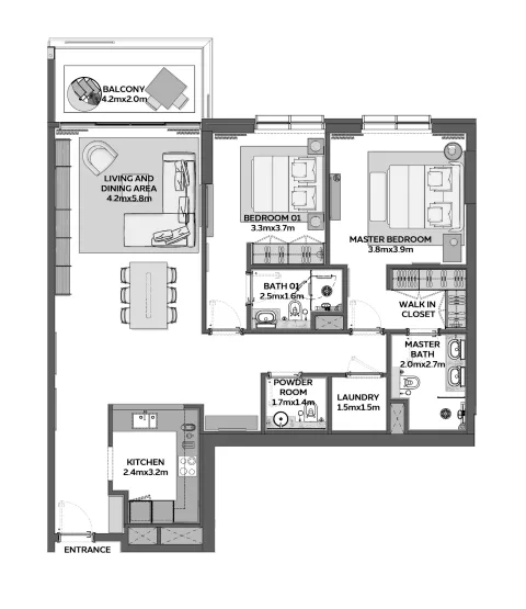 Floor plan, 2 Beds, 1,377 sq ft