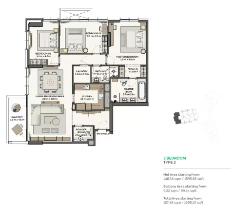 Floor plan, 3 Beds, 1,695 sq ft