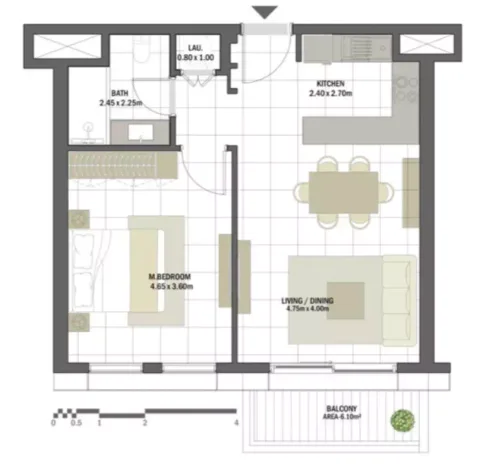 Floor plan, 1 Bed, 711 sq ft