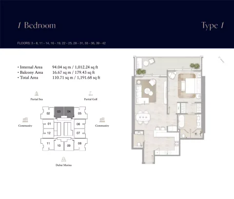 Floor plan, 1 Bed, 1,191 sq ft