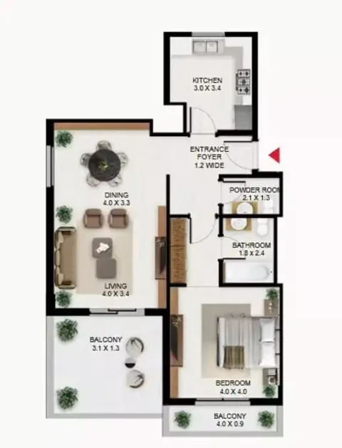 Floor plan, 1 Bed, 1,074 sq ft