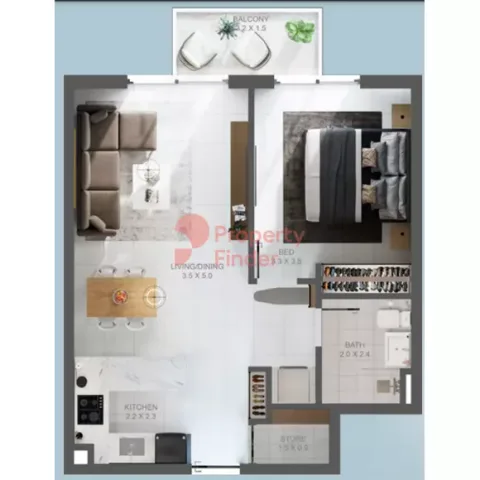 Floor plan, 1 Bed, 613 sq ft