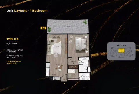 Floor plan, 1 Bed, 838 sq ft