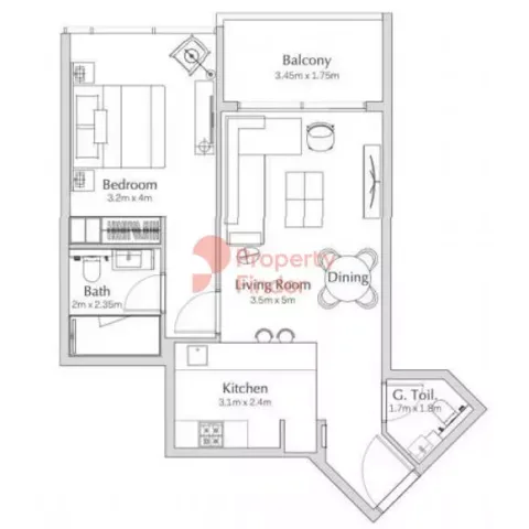 Floor plan, 1 Bed, 732 sq ft