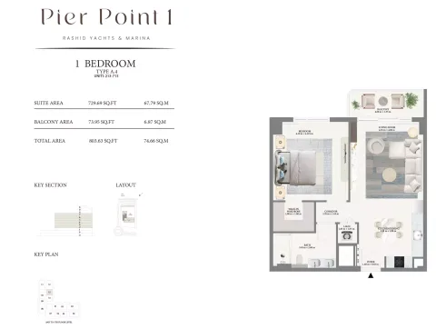 Floor plan, 1 Bed, 803 sq ft