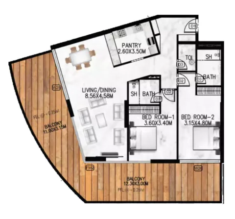 Floor plan, 2 Beds, 1,424 sq ft